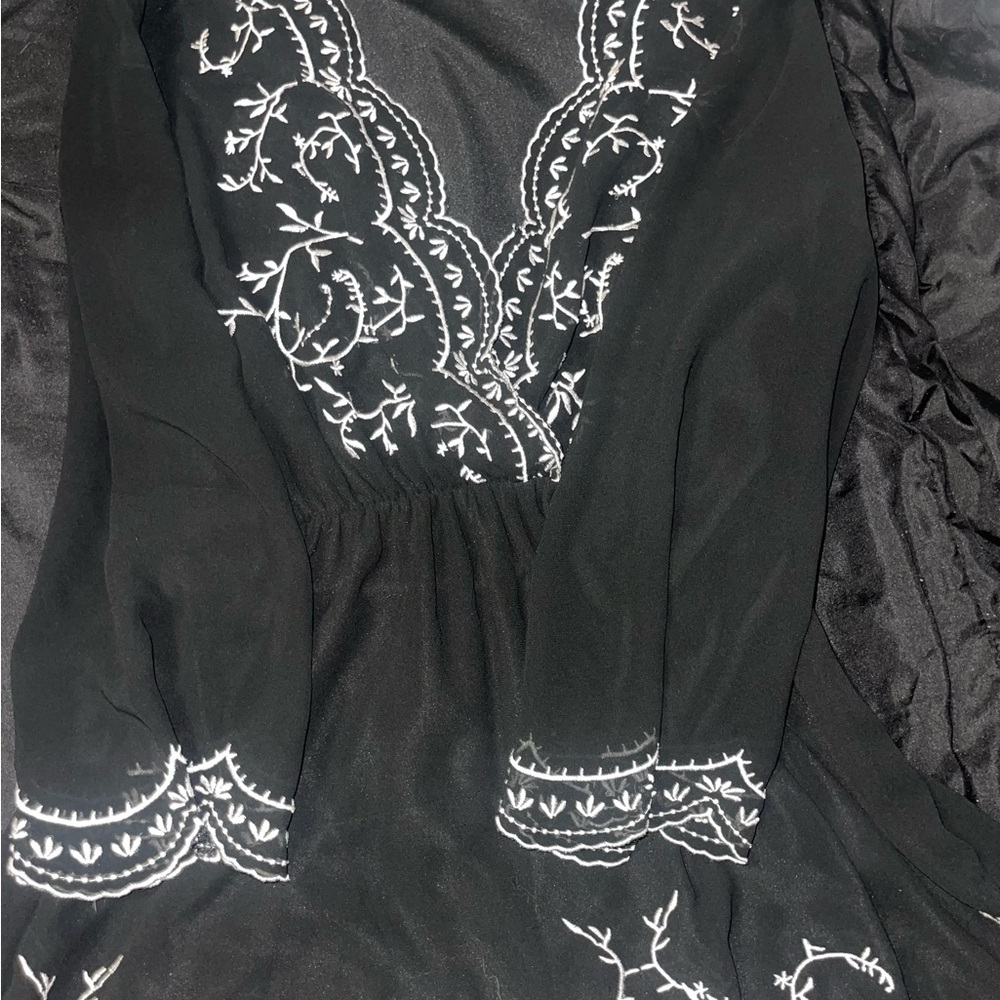 Chic Black Dress with White Embroidery